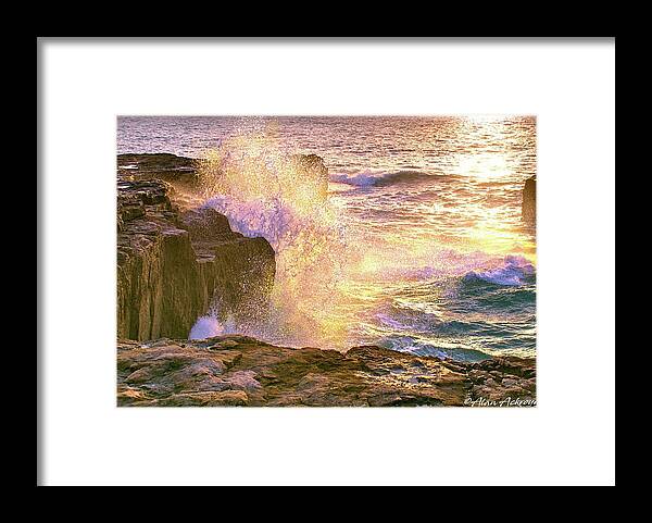 Rocks Framed Print featuring the photograph Golden Sea Spray by Alan Ackroyd