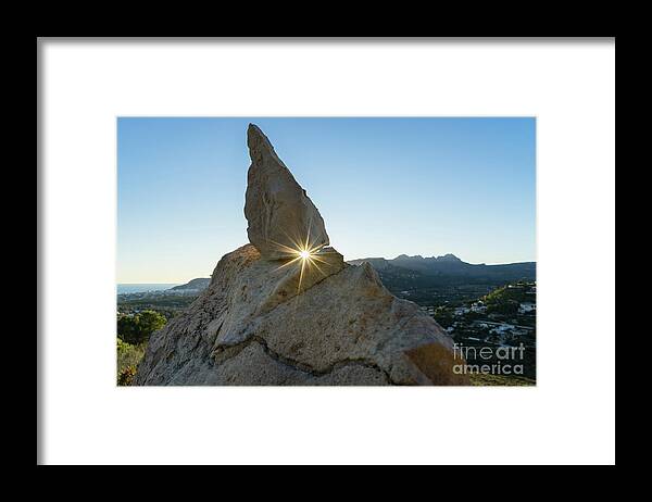 Mountain Landscape Framed Print featuring the photograph Golden sunbeams, rocks and blue sky by Adriana Mueller