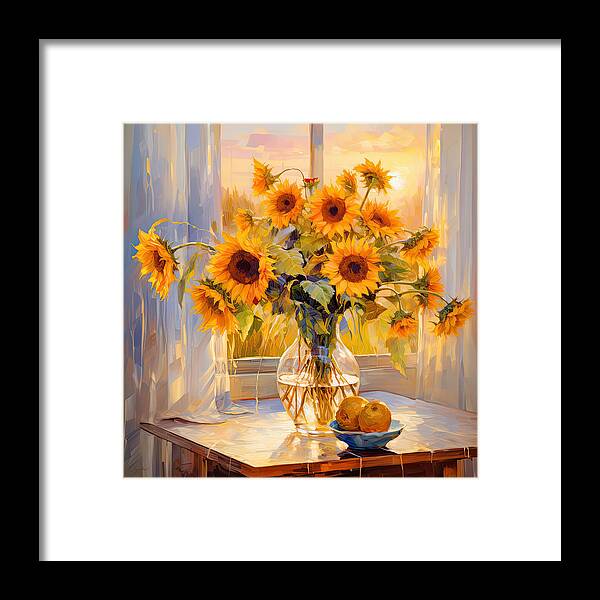 Sunflower Framed Print featuring the digital art Golden Sunflower and Lemon Glow - Sunflowers Art by Lourry Legarde