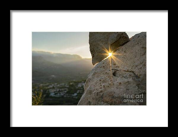 Mountains Framed Print featuring the photograph Golden sunlight and rock at sunset by Adriana Mueller