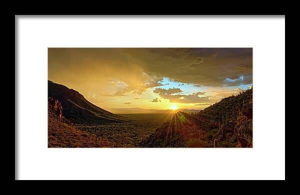 Gates Pass Framed Print featuring the photograph Golden Sunset and Storm at Gates Pass Panorama by Chris Anson