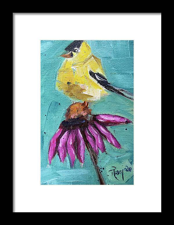 Goldfinch Framed Print featuring the painting Goldfinch on a Coneflower by Roxy Rich
