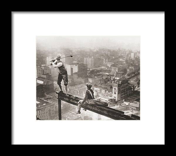 Golf Framed Print featuring the painting Golfer On Girder Over New York Sepia by Tony Rubino