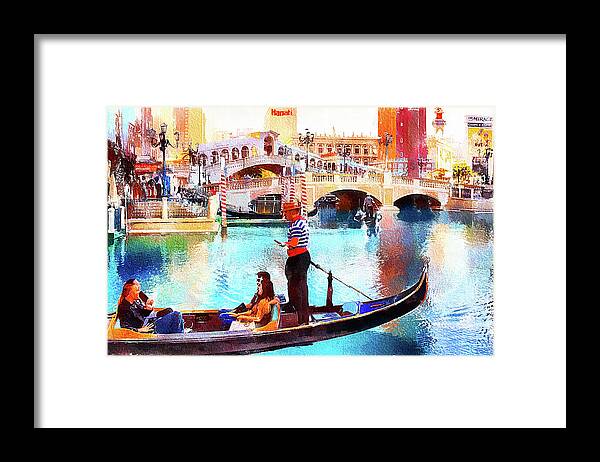 Venetian Framed Print featuring the mixed media Gondola rides at the Venetian Las Vegas by Tatiana Travelways
