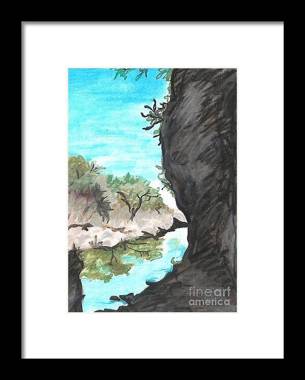 Blue And Black River Framed Print featuring the drawing Government Canyon Oil Pastel by Expressions By Stephanie