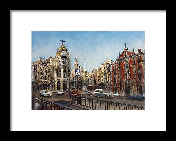 Architecture Framed Print featuring the painting Gran Via, Madrid III by Henrieta Maneva