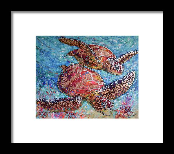 Green Sea Turtles Framed Print featuring the painting Grand Sea Turtles by Jyotika Shroff