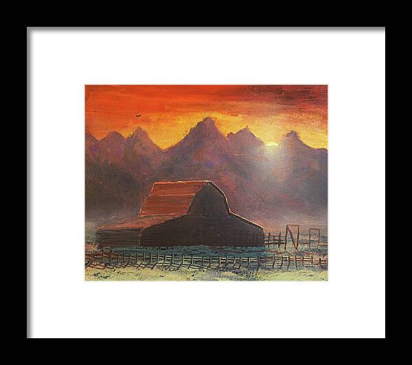 Grand Teton Framed Print featuring the painting Grand Teton and Moulton Barn Sunset by Chance Kafka