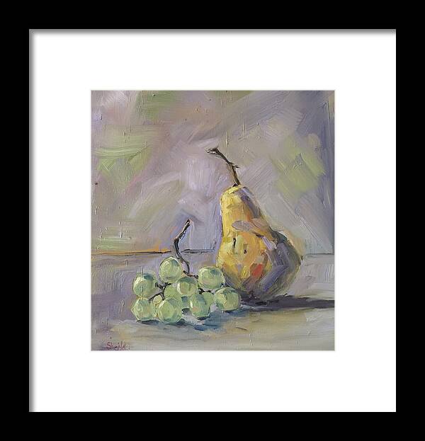 Still Life Framed Print featuring the painting Grapes with Pear by Sheila Romard
