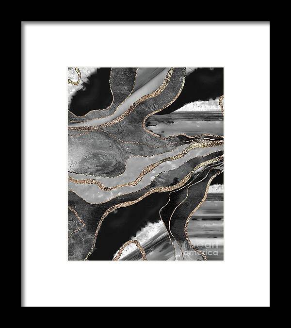 Collage Framed Print featuring the mixed media Gray Black White Marble Agate Gold Glitter Glam #1 Faux Glitter #decor #art by Anitas and Bellas Art