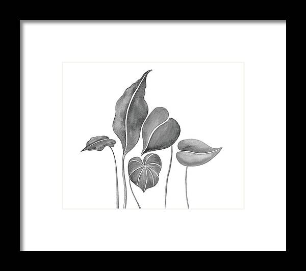 Gray Framed Print featuring the painting Gray Grace Exotic Botanical Watercolor Tropic Leaves by Irina Sztukowski