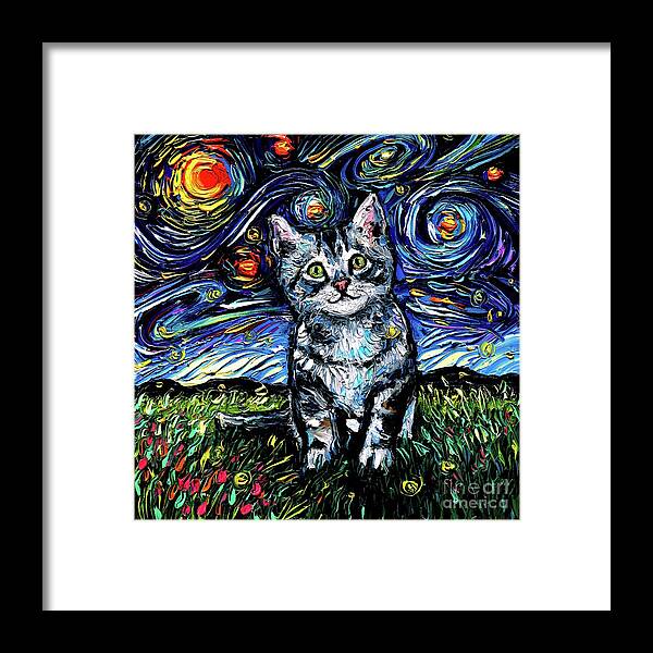 Gray Tabby Kitten Framed Print featuring the painting Gray Tabby Kitten Night by Aja Trier