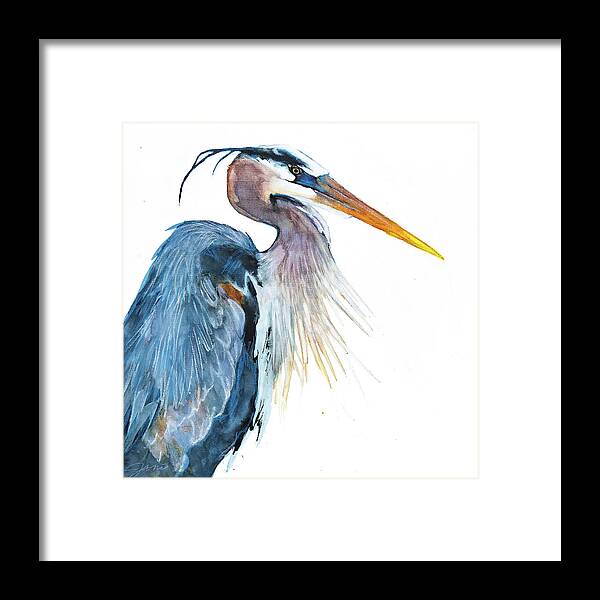 Great Blue Heron Framed Print featuring the mixed media Great Blue Heron by Jani Freimann