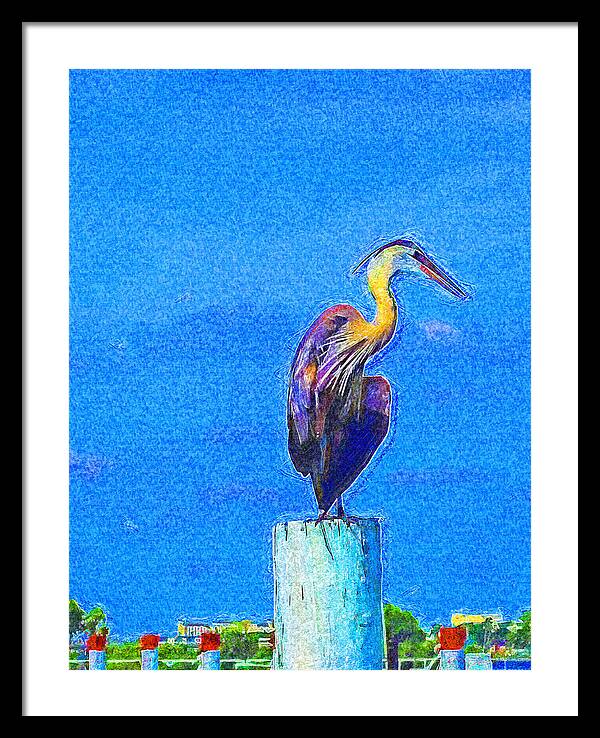 Great Blue Heron Framed Print featuring the digital art Great Blue Heron on Pier Right by Island Hoppers Art