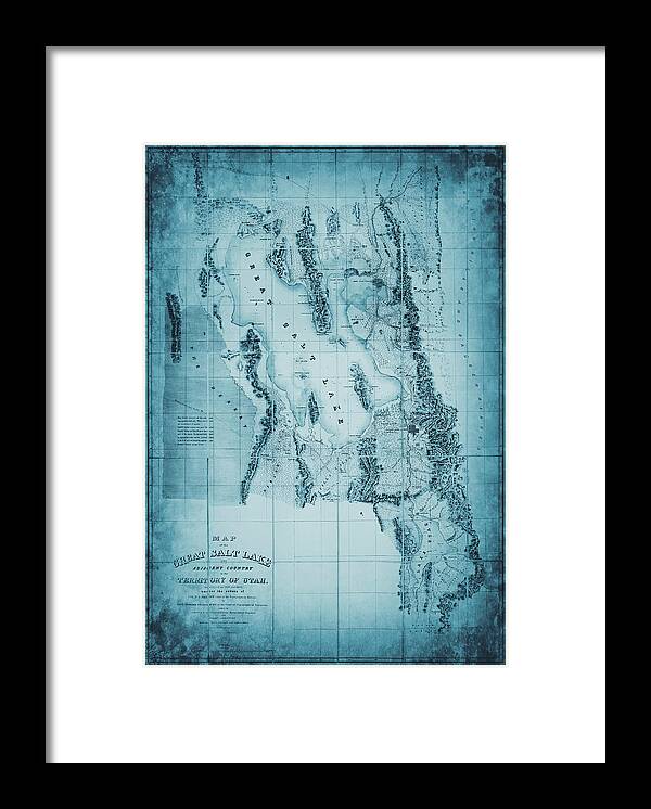 Utah Framed Print featuring the photograph Great Salt Lake Utah Vintage Map 1852 Blue by Carol Japp