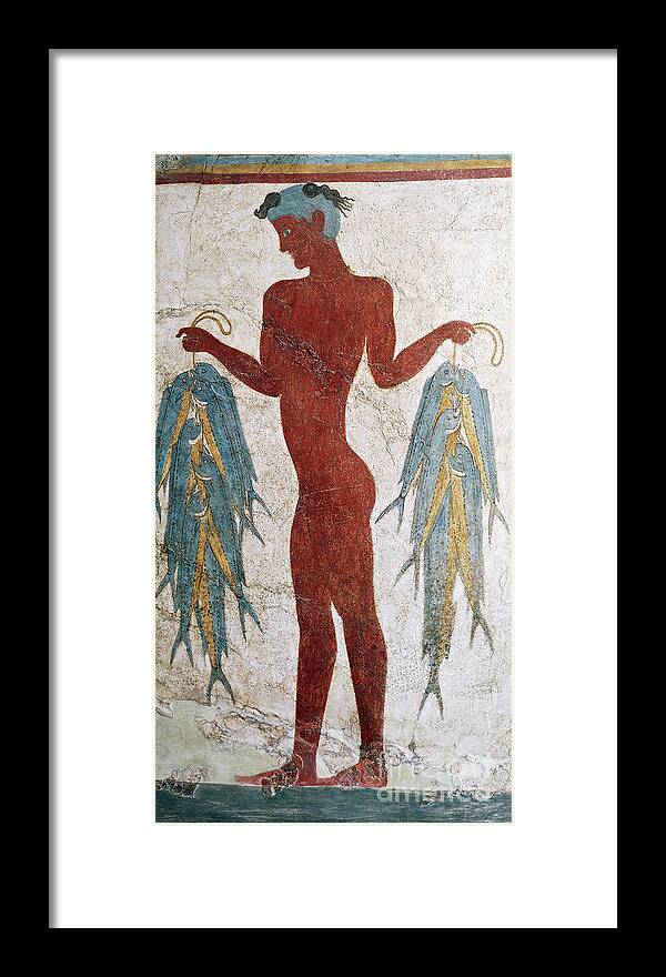 Fishing Framed Print featuring the painting Greek Civilization, Fresco Depicting Fisherman, From Akrotiri, Thera, Santorini, Greece by Minoan