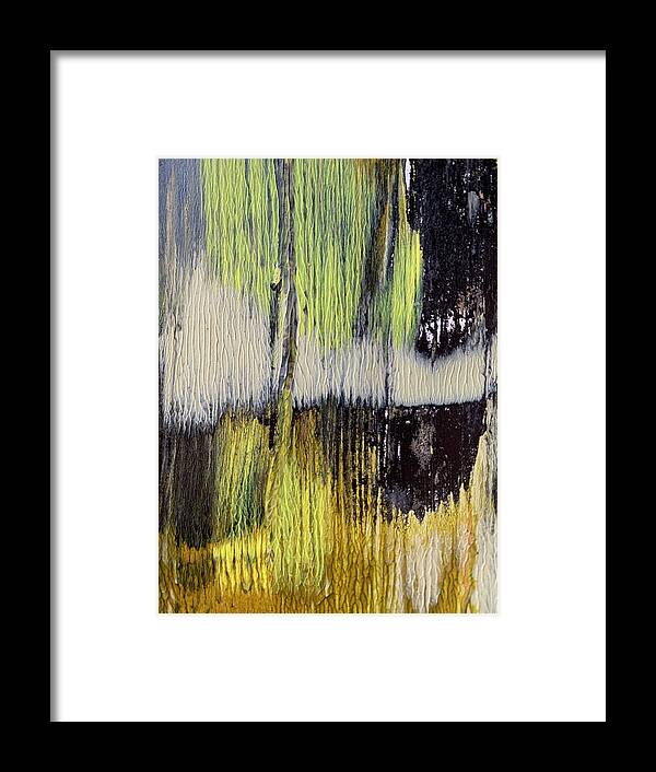 Abstract Framed Print featuring the painting Green Black Yellow Gold White Abstract by Lorena Cassady
