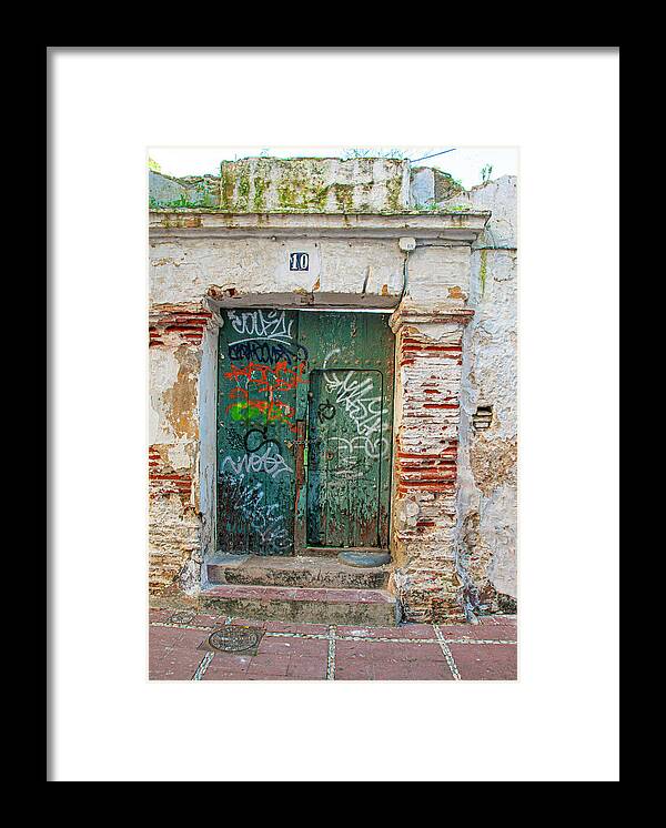 Green Framed Print featuring the photograph Green Graffiti Door by Denise Strahm