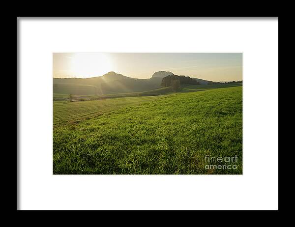 Saxon Switzerland Framed Print featuring the photograph Green meadow and golden light 1 by Adriana Mueller