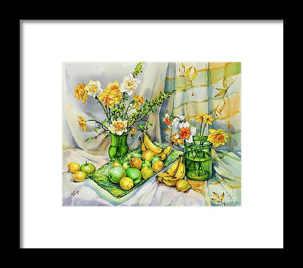Green Framed Print featuring the painting Green Yellow Still Life with Daffodils by Maria Rabinky