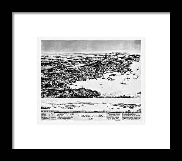 Maine Map Framed Print featuring the photograph Greens Landing Stonington Maine Vintage Map Birds Eye View 1893 Black and White by Carol Japp
