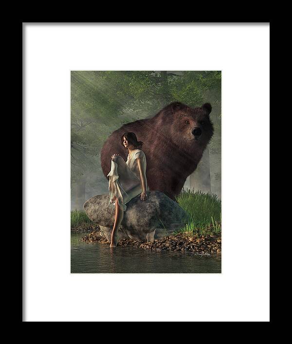 Grizzly Bear Framed Print featuring the digital art Grizzly Bear and Girl in a Nightgown by Daniel Eskridge