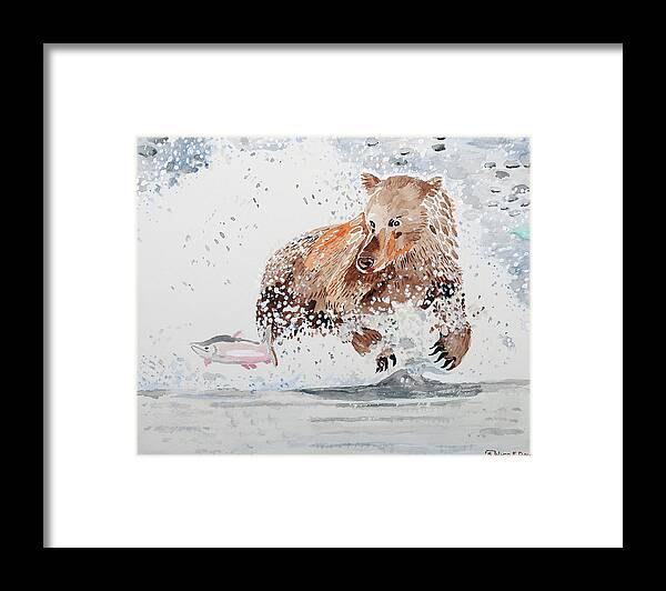 Grizzly Chasing Salmon Framed Print featuring the painting Grizzly Chasing Salmon by Wynn Derr