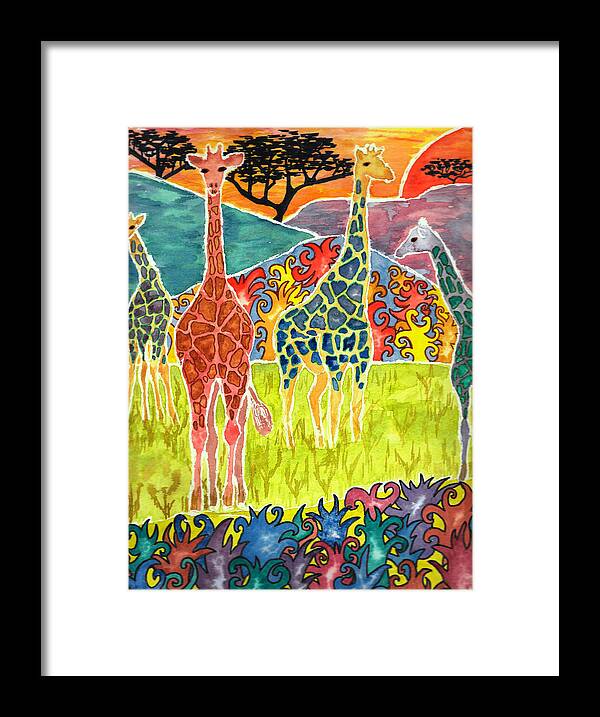 Giraffe Framed Print featuring the painting Groovy Giraffes by Gemma Reece-Holloway