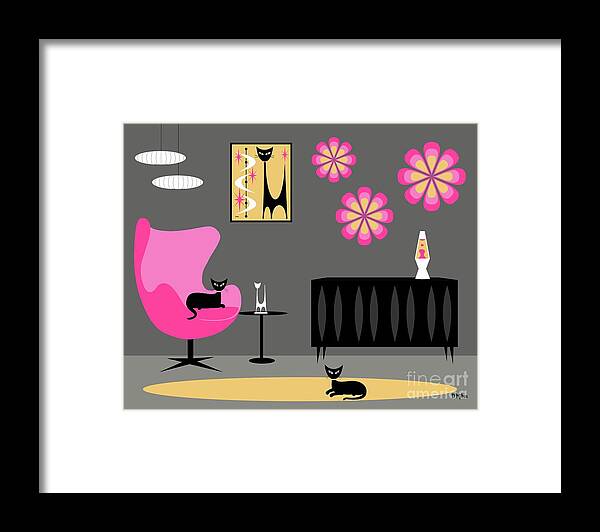 Mid Century Cat Framed Print featuring the digital art Groovy Pink Yellow and Gray Room by Donna Mibus
