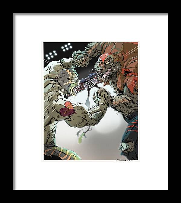 Monsters Framed Print featuring the digital art Grudge match by Kynn Peterkin