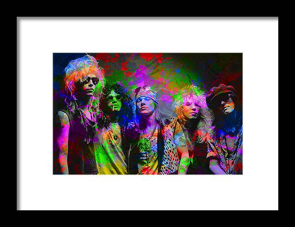 Guns N Roses Framed Print featuring the mixed media Guns N Roses Band Paint Splatters Portrait by Design Turnpike