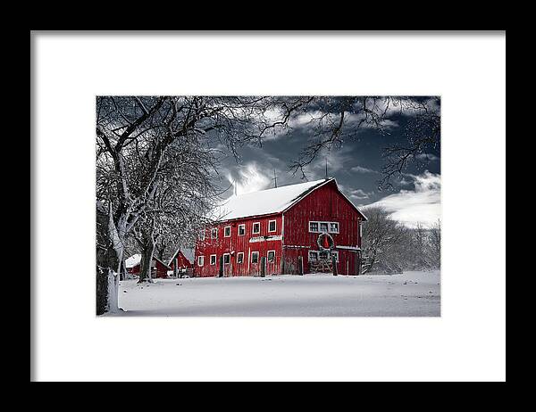 Barn Framed Print featuring the photograph Gussied Up - old red barn with Christmas wreath in snowy Wisconsin setting by Peter Herman
