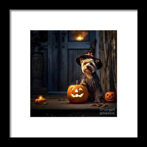Halloween Framed Print featuring the photograph Halloween dog at night by Delphimages Photo Creations