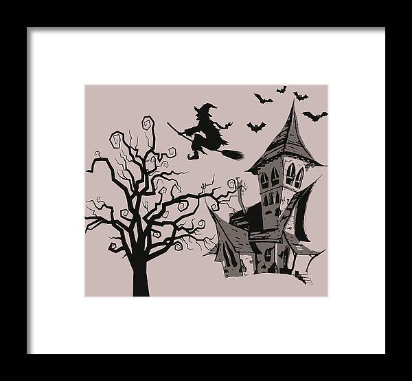 Halloween Framed Print featuring the digital art Halloween Witch On Broom Silhouette, Scary Tree House And Bats by Mounir Khalfouf