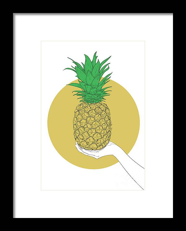 Graphic Framed Print featuring the digital art Hand Holding Pineapple - Line Art Graphic Illustration Artwork by Sambel Pedes