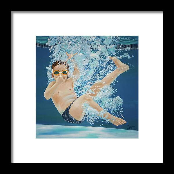 Swimming Pool Framed Print featuring the painting Hang Loose Boy Underwater Swimming Painting by Linda Queally by Linda Queally