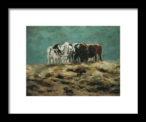 Cows On A Hill Framed Print featuring the painting Happily Grazing by Bibi Snelderwaard Brion