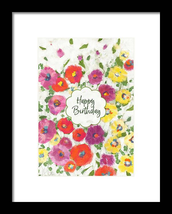 Birthday Framed Print featuring the mixed media Happy Birthday Painterly Floral- Art by Linda Woods by Linda Woods