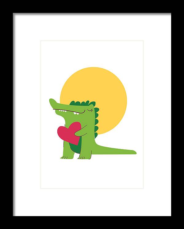 Adorable Framed Print featuring the digital art Happy Crocodile Holding a Big Heart by Jacob Zelazny