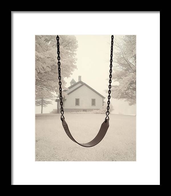 Smiley Face Framed Print featuring the photograph Go to your Happy Place - Historic Cooksville WI schoolhouse with swing on foggy morning by Peter Herman