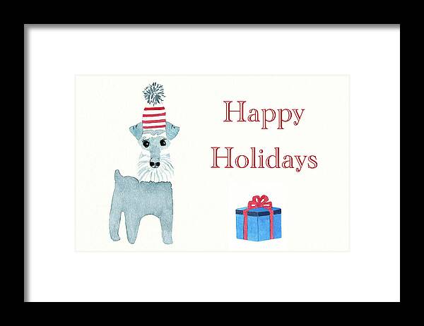 Christmas Framed Print featuring the painting Happy Holidays Schnauzer Card and Art Print by Deborah League