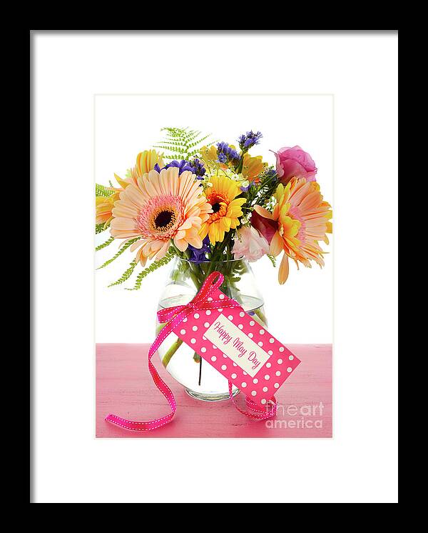 Blue Framed Print featuring the photograph Happy May Day gift of Spring flowers in vase. by Milleflore Images
