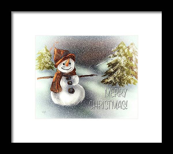 Merry Christmas Framed Print featuring the digital art Happy Snowman Merry Christmas by Lois Bryan