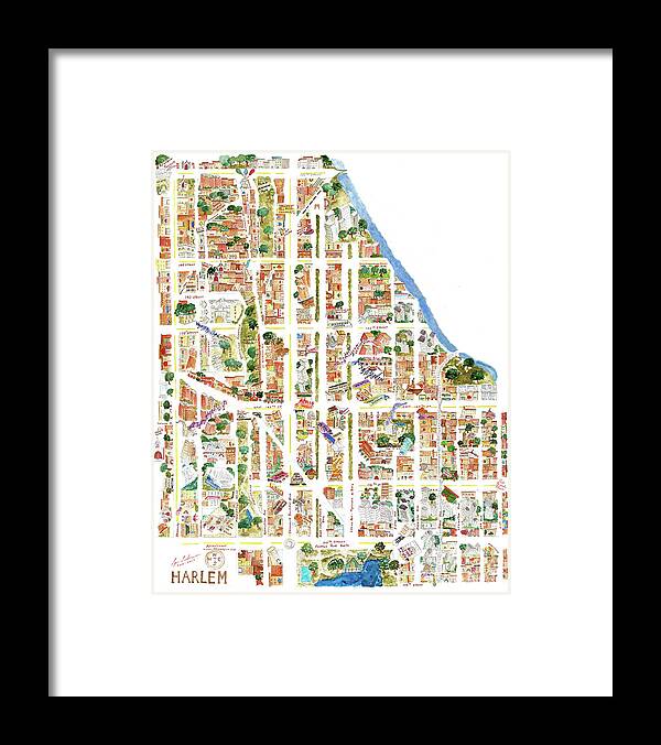 Harlem Framed Print featuring the painting Harlem Map from 106-155th Streets by Afinelyne