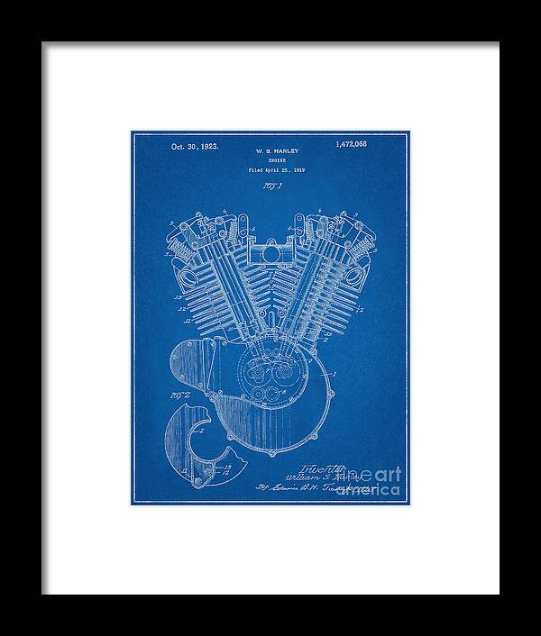 Harley Engine Poster Framed Print featuring the mixed media Harley Engine Patent Print Year 1923 Vintage Harley Davidson Patent Illustration by Kithara Studio