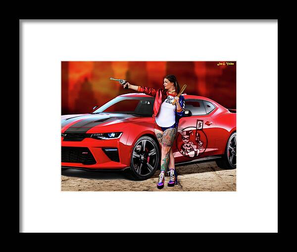 Harley Framed Print featuring the photograph Harley Quinn Pistols and Car by Jon Volden