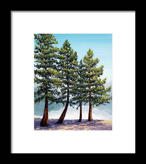 Oil Impasto Original Montana Alpine Rockies Rocky Mountains Glacier National Park Pine Trees Quiet Peaceful Bowman Lake Wilderness Nature Summer Framed Print featuring the painting Harmony by Mary Giacomini