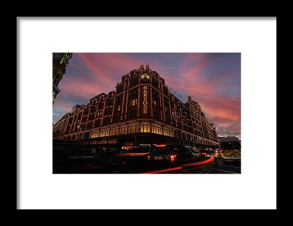 Christmas Framed Print featuring the photograph Harrods at sunset by Andrew Lalchan