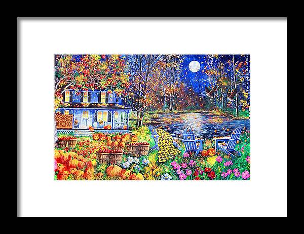Harvest Moon Featuring A Full Moon On A Halloween Evening Framed Print featuring the painting Harvest Moon by Diane Phalen