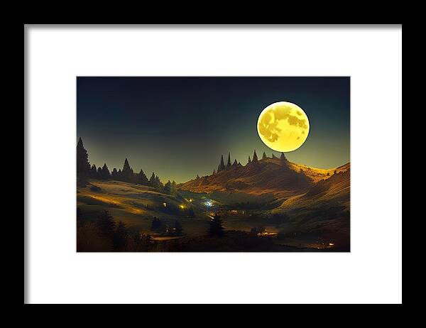 Digital Framed Print featuring the digital art Harvest Moon Over Farm by Beverly Read